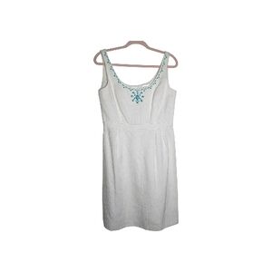 Studio I Sz 10 White Jacquard Sleeveless Sheath Dress Turquoise Beading Coastal